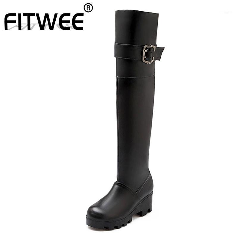 

FITWEE Fashion Femal Over Knee Boots Round Toe Buckle Thick Heel Shoes Winter Warm Long Boots Women Footwear Size 34-431, Black