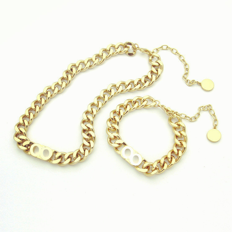 

Fashion stainless steel D letter 14k gold cuban link chain necklace bracelet for mens and women Party lovers gift hip hop jewelry