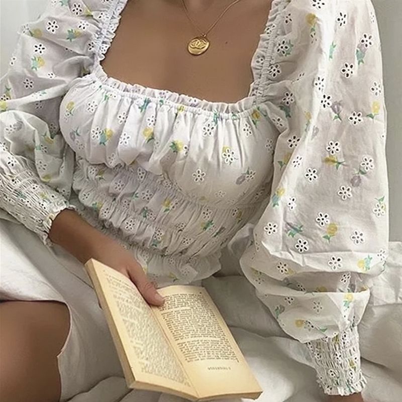 

2021 New Lazy French Vintage Cotton Embroidered Waistcoat All Games Top Long Short Women's Blouses T6S3, White.