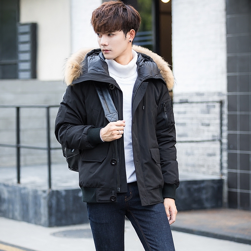 

Coat Men's Winter with Hood Big Leather Collar Down Short Thick Male Jacket Hot Student Parka Jackets Shelter Hombre Kj501 Pssg, 865green