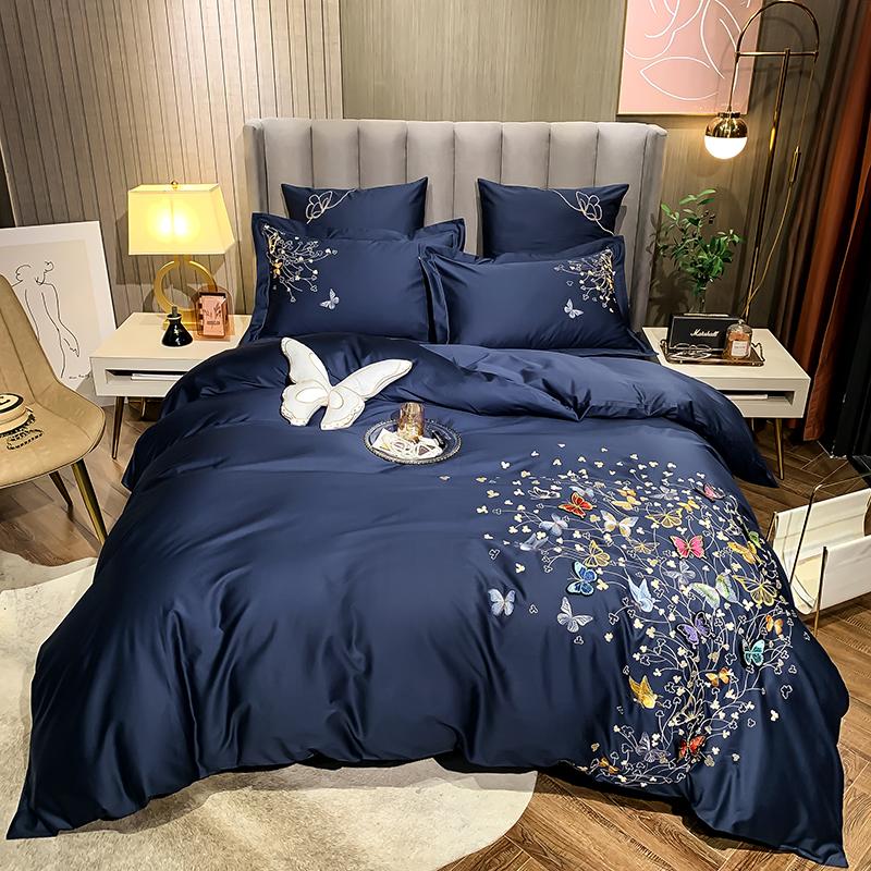 

600TC Egyptian Cotton Embroidery Three-dimensional Butterfly Bedding Set Duvet Cover Pillowcase Flat Sheet Queen King #sw, -wd-03