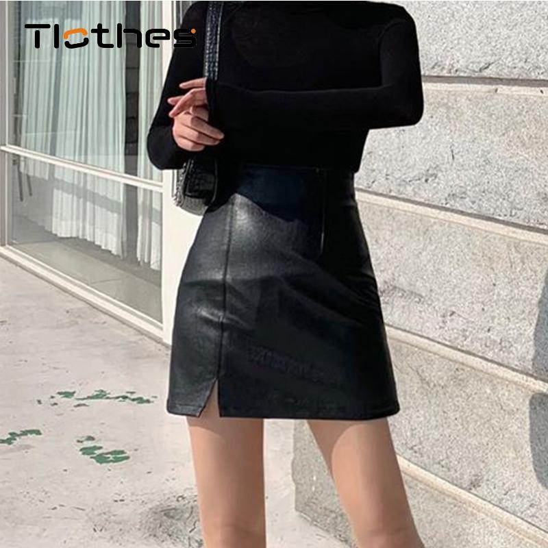 

Fashion Sexy High Waist PU Leather Skirt Women Slim Zipper Black Skirts Womens Elegant Pack Hip Irregular Split Mini Skirts