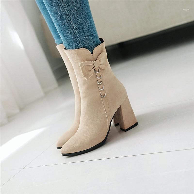 

YMECHIC Lolita Ladies High Hoof Heels Beige Brown Black Butterfly-knot Womens Boots Rhinestone Ankle Boots Party Shoes Plus Size1
