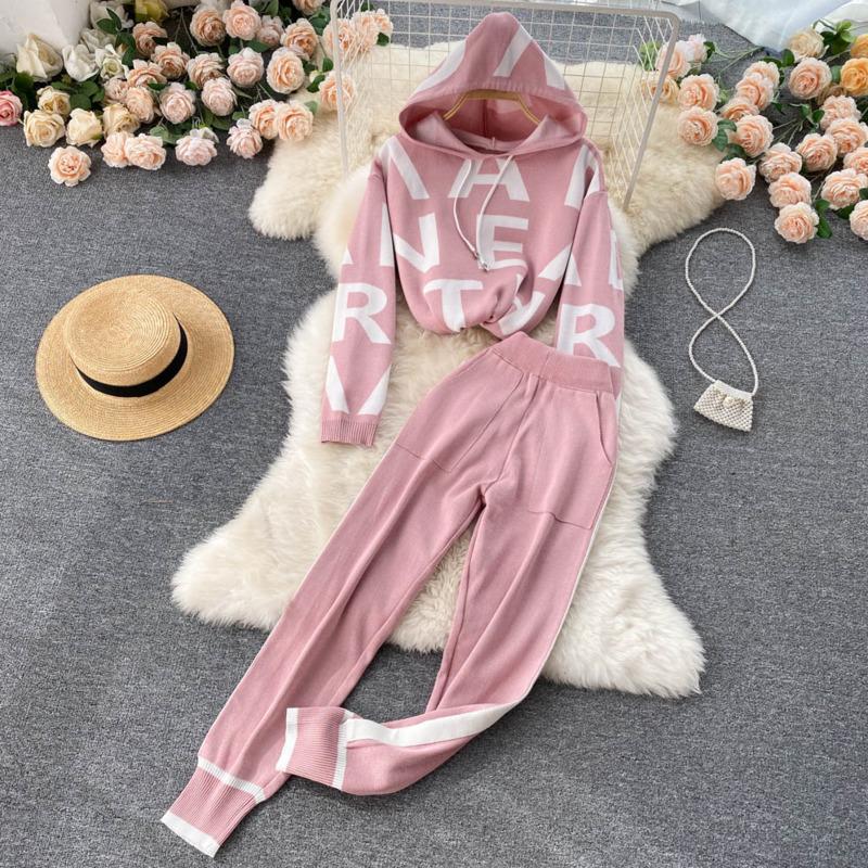 

Women's Two Piece Pants High Quality Autumn Winter Knitted Set Women Letter Hoodes Pullover Sweater Jumper Top Suits Casual Tracksuit, Blue
