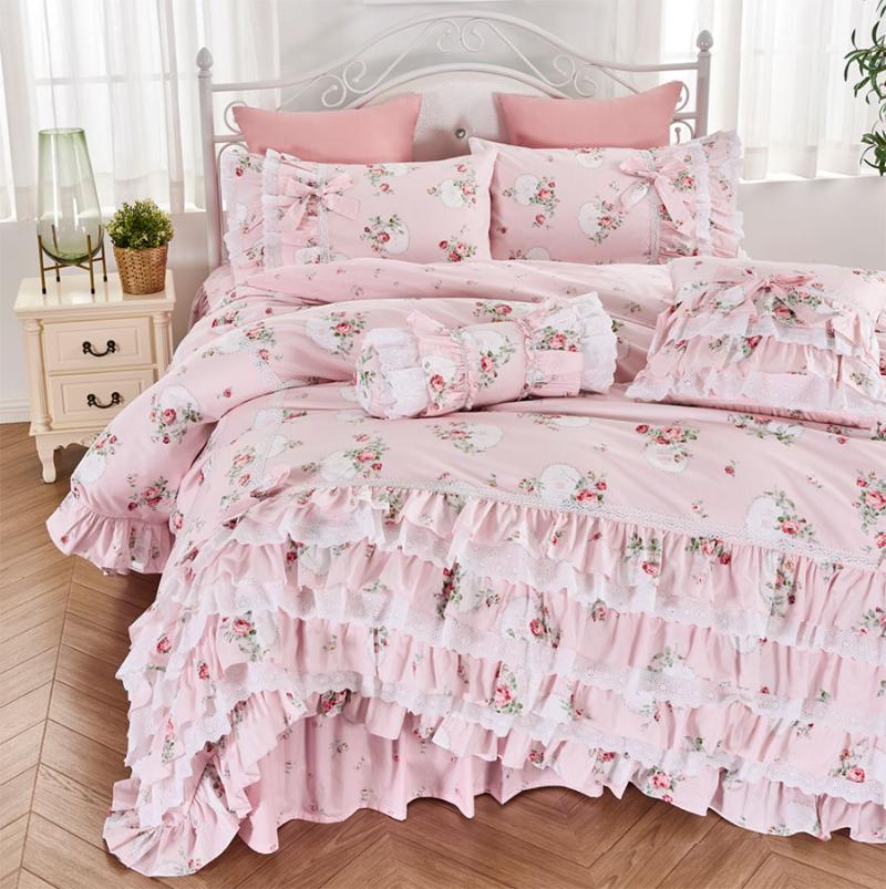 

Princess ruffle lace bedding sets, full queen king flower cotton single double bedclothes bed skirt pillow case quilt cover, Picture color