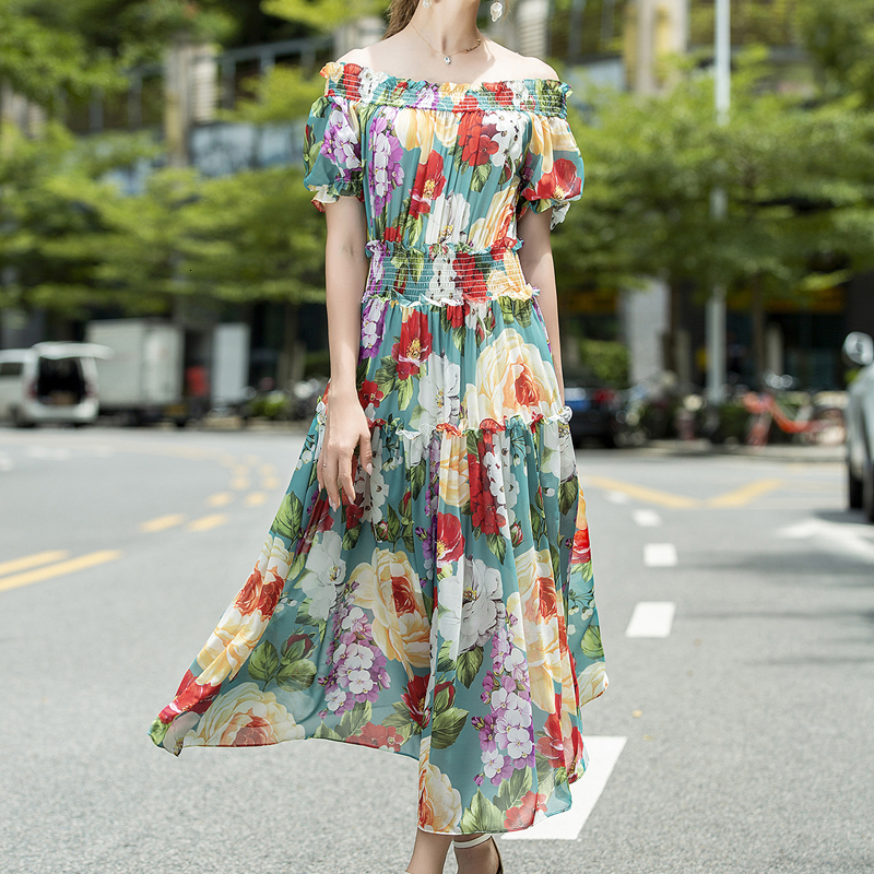 

Summer Holiday Sexy Printing Word Collar Elegant Short Sleeve Thin Temperament Dress Long Women Clothes Style Ieuo, Multiple