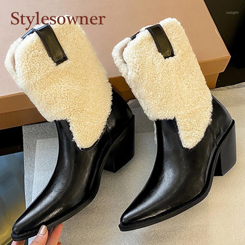

Wool Pointed Toe Short Western Cowboy Boots Genuine Leather Side Zip Mid-Calf Square Heel High Heel Winter Boots 2021 New1, Black