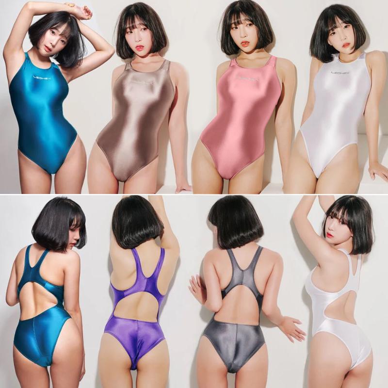

DROZENO16 Solid LEOHEX 2021 Sexy Shiny Satin Leotards High Cut One Piece Swimsuit Women Shiny Bathing Suits Female Bathing Suit