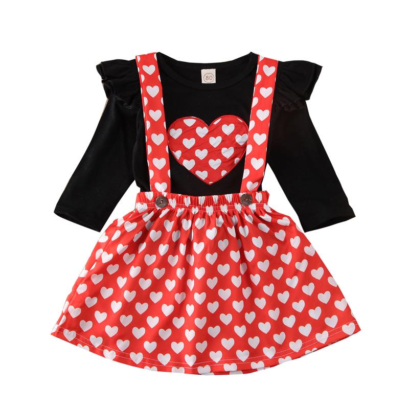 

Newborn kids dress Baby Girls clothes Vetement Enfant Fille Long Sleeve Valentine Heart Print Tops+Suspender Skirt Set robe fill, Red