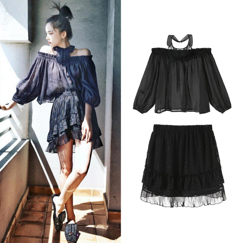 

Mode Two Parts Set for Sexy Women Lace Halter the Shoulder Enclave Doubled Out of Malay Outfits Women's Party Tees Sets 838w, Skirt.