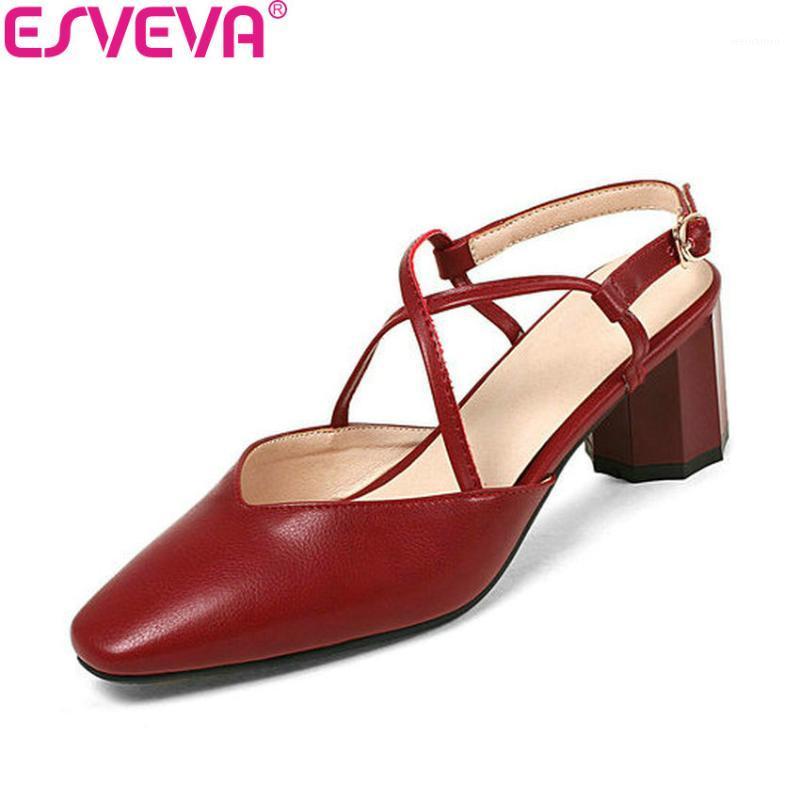 

ESVEVA 2020 Women Sandals Summer Square High Heels PU Casual Square Toe Buckle Strap Sandals Elegant Shoes Woman Size 34-431, Black