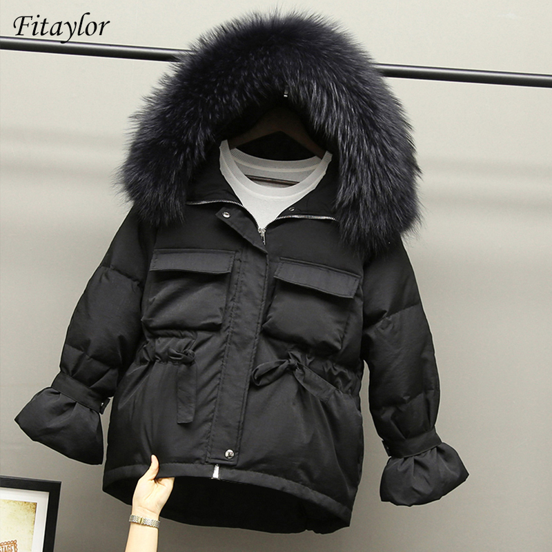

Fitaylor Winter Women 90% White Duck Down Parkas Slim Jackets Large Natural Raccoon Fur Hooded Warm Snow Coat Black Outwear 210204