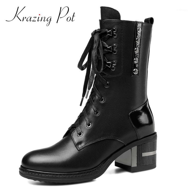 

Krazing Pot new motorcycle boots real cow leather rivet decorations round toe thick high heel zipper handsome mid-calf boots L621, Black