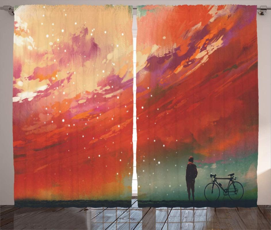 

Fantasy Window Curtains Man with Bicycle Looking at Universe in Blur Dusk Sky Universe Image Art Living Room Bedroom Decor, As pic