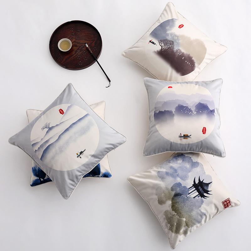 

Classical Chinese Style Ink Painting Pine Egret Cushion Cover Lack Pavilion Printed Pillowcase Decoration for Living Room Sofa, Veemi b