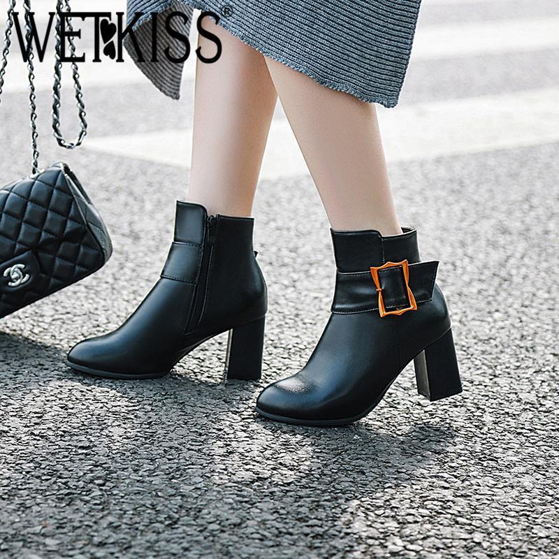 

WETKISS Fashion Belt Buckle Women Ankle Boot Simple Round Toe Thick Heel High Shoes Metal Decor Zip Female Boots Non Slip Bootie1, Black