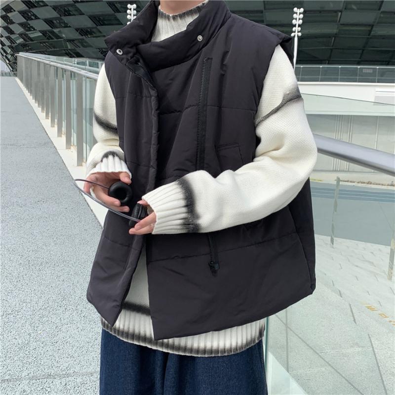 

Men's Vest Autumn And Winter Short Sleeveless Coat Solid Color Stand-up Collar Loose Warm Jackets Simple Casual Male Clothes, Black