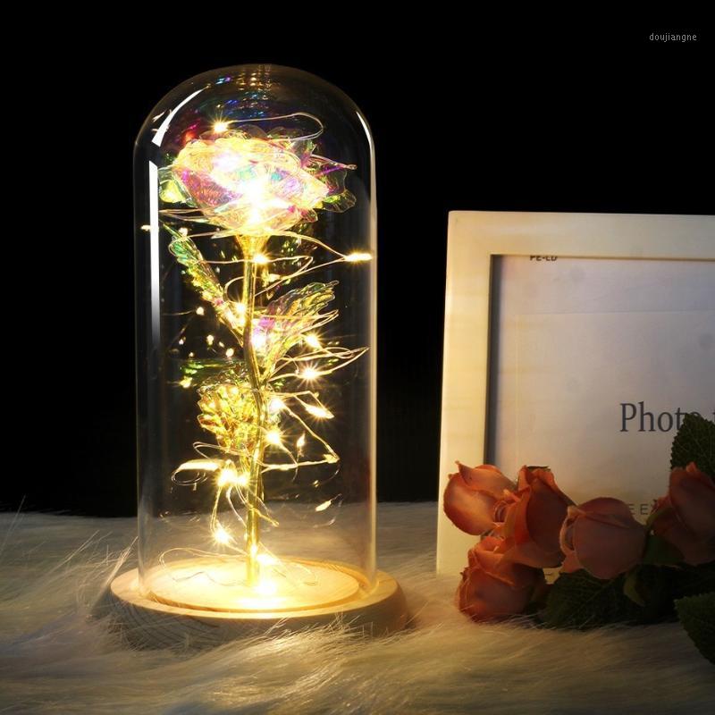 

13 Colour Red Rose In A Glass Dome On A Wooden Base For Valentine's Gifts LED Rose Lamps Christmas1, No.4