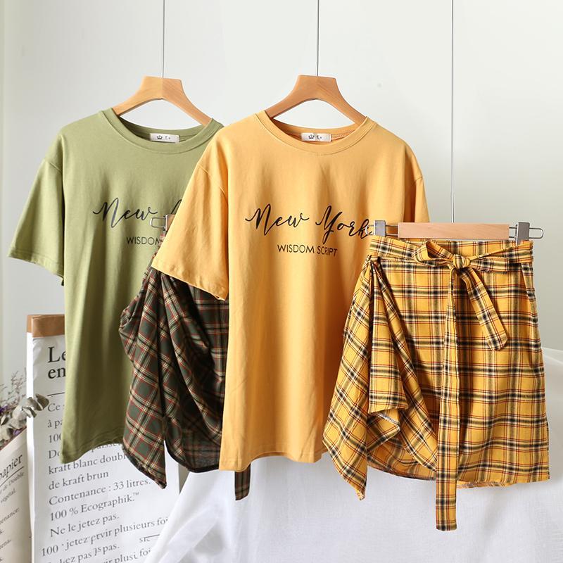 

T-shirt Blouse Summer +plaid Hemi-body Skirt Two Piece Outfits Women1, Red