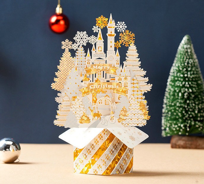 

Christmas greeting cards Creative blessing Christmas card Eve thank you card gold 3d pop up Christmas gold castle gift cards