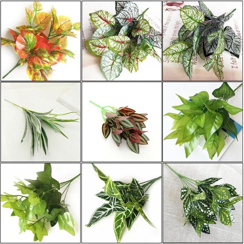 

13styles 35cm Artificial Plant Leaf Flower with Plastic Green Grass Tree Plant Fake Leaf for Home Wedding Hotel Party Decor1, E 34cm