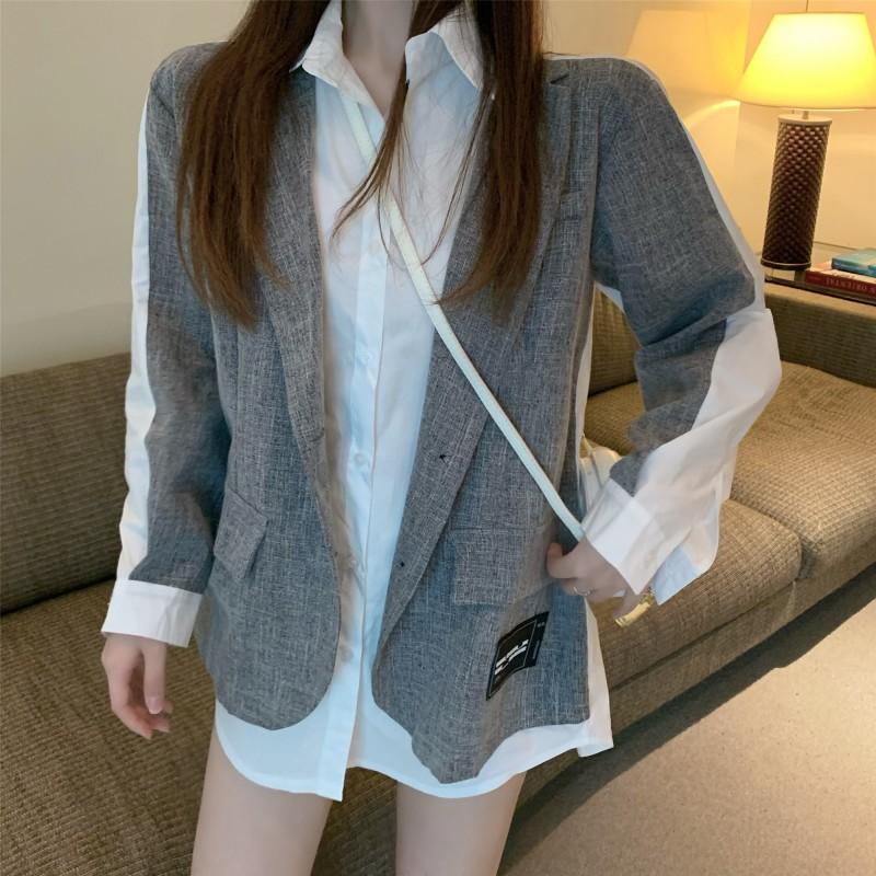 

New arrival Runway Autumn casual contrast color suit jacket coat Women suit collar slim high end Elegant Fake 2 Piece Outerwear, Picture color