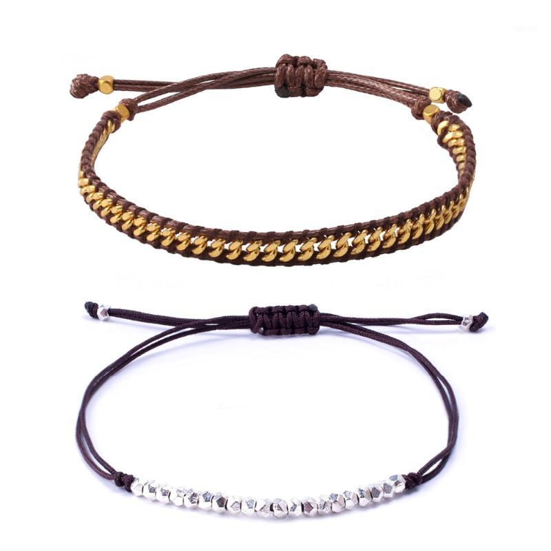 

KELITCH 2PCS-Metal Beads Bracelets Handmade Friendship Steel Bracelets Wax Rope Cuff Bangles Vintage Women Couples Jewelry 20191