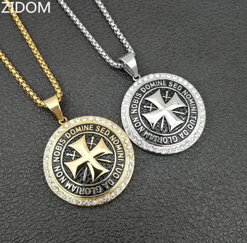 

Men Hip hop Vintage Knights Templars Cross Pendant Necklaces with Rhinestone Ordre du Temple necklace Male charm Hiphop Jewelry