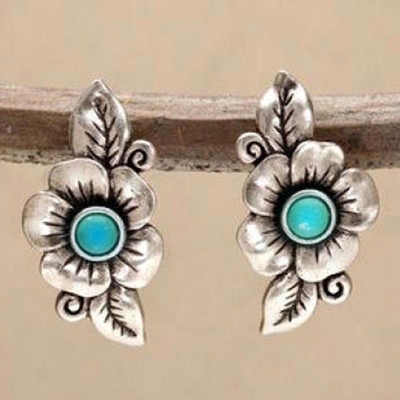 

Bohemian Plant Leaf Rose Flower Drop Earrings for Women Ethnic Antique Silver Color Turquoises Stone Earring Vintage Jewelry