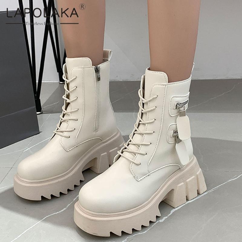 

Lapolaka 2021 New Design Comfy non-slip Thick Heels Cool Motorcycle Boots Woman Shoes Top Quality cross-tied Ankle Shoes Laday, Black