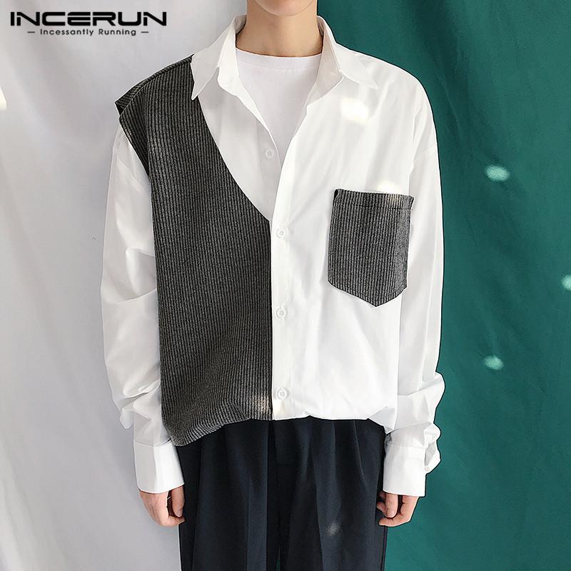 

2021 Fashion Men Patchwork Shirt Lapel Long Sleeve Streetwear Chic Button Casual Blouse Pockets Leisure Camisas -5XL INCERUN 7, White