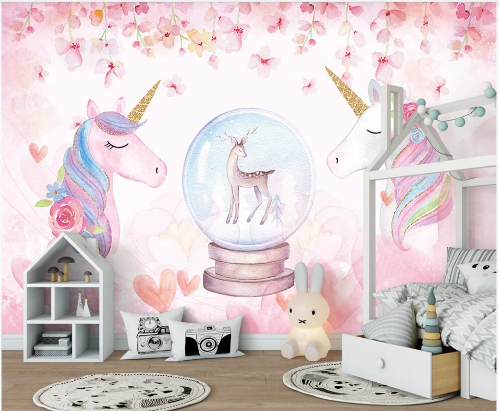 

3d wallpaper custom photo mural Cartoon watercolor unicorn flowers children room home decor 3d wall murals wallpaper for walls 3 d, Non-woven wallpaper