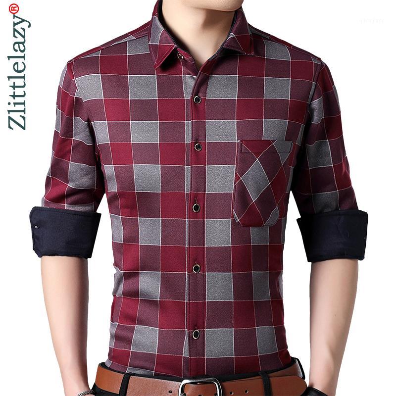 

2018 long sleeve winter warm thick casual men shirt pocket slim fit plaid social shirts mens fashion christmas men's dress 412601, Red