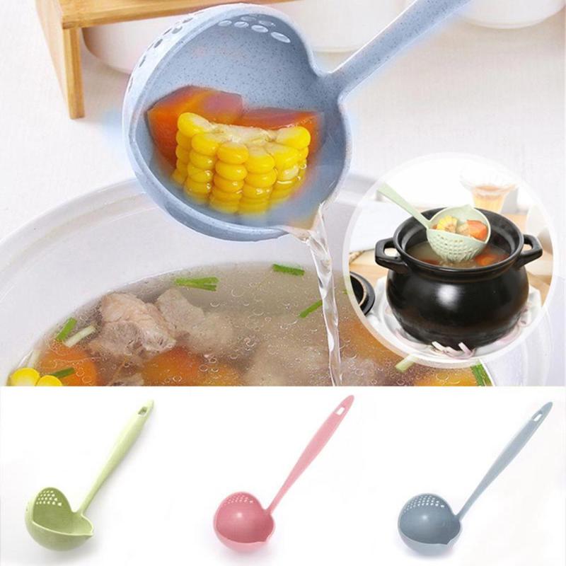 

Hot Selling 2 in 1 Long Handle Soup Spoon Home Strainer Cooking Colander Kitchen Scoop Plastic Ladle Tableware