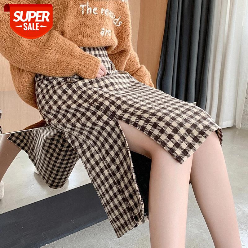 

JXMYY Duffle plaid skirt female autumn and winter Korean temperament slim slimming all-match high waist buttoned midi skirt #w59z, White;black