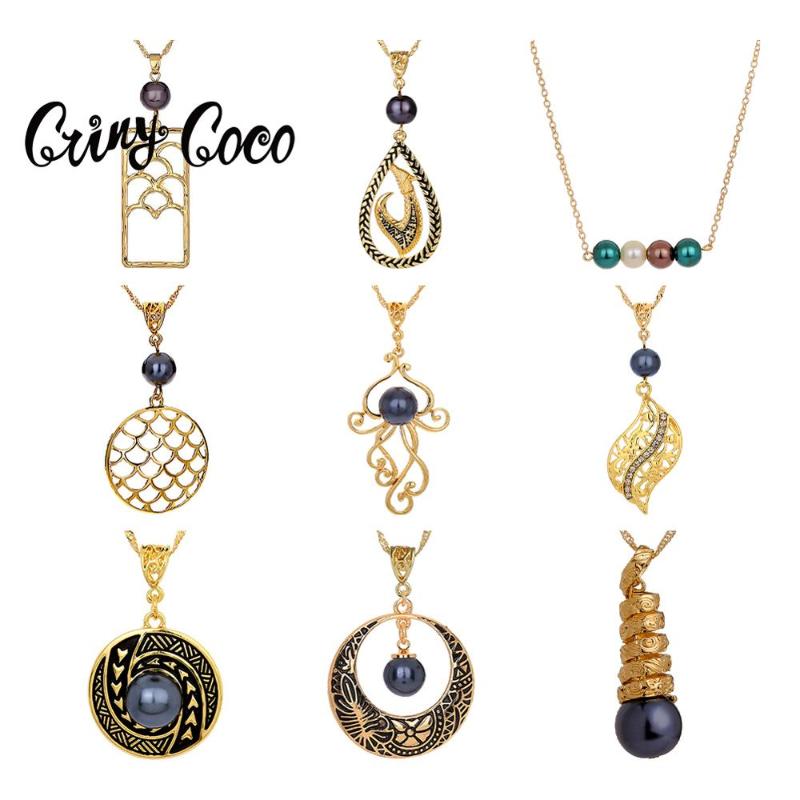 

Cring Coco Polynesian Hawaiian Pearl Necklace Gold Filled Jewelry Long Chain Big Pendant Necklaces 2020 Vintage Sweater Chain