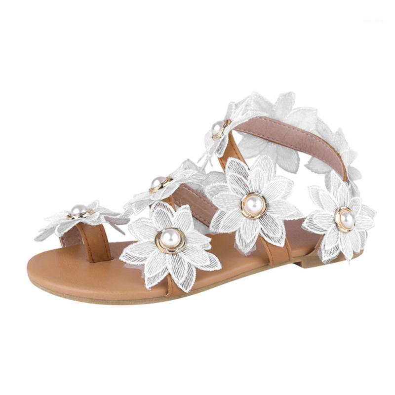 

SAGACE Roman Sandals Women Flat Shoes Summer Beach Women's Ladies Fashion Casual Floral Pearl Flat Sandals Toe Ring Beach Shoes1, Wh