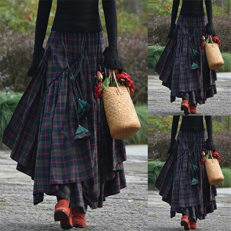 

New Spring High Waist Red Plaid Split Joitn Loose Big Hem Half-body Skirt Women Fashion Tide All-match*M Y200326, Green