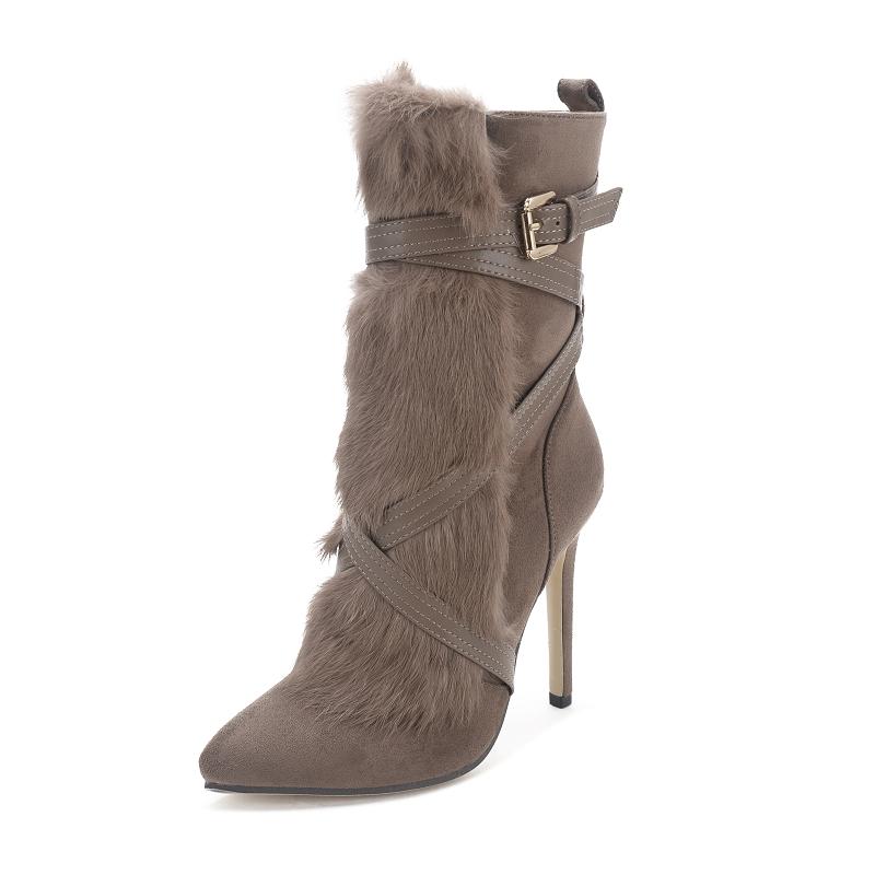 

GOXPACER Women Boots With Fur Winter Shoes Women Warm Thermal Pointed Toe Casual Fashion High Heel New 2020 Female Free Shipping, Brown