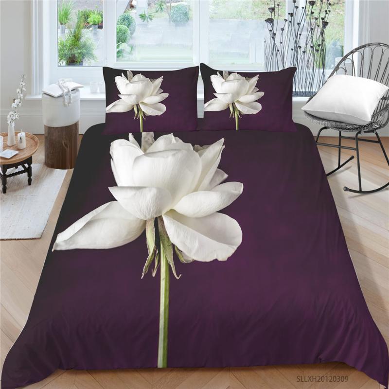 

White Rose Bedding Set Single Beautiful Simple Duvet Cover Purple King Queen  Full Single Double High End Bed Set 3D Flower, Style 2
