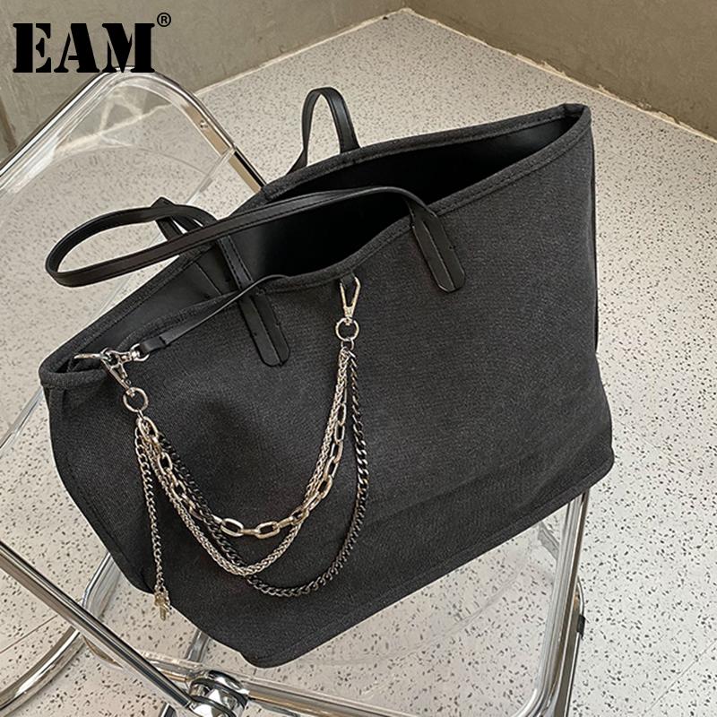 

[EAM] Women New Chains Large Capacity Canvas Tote Bag Personality All-match Crossbody Shoulder Bag Fashion Tide 2021 18A1229, Black