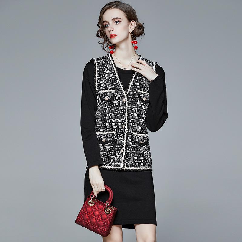 

Casual Two Piece Set Women Outfits 2020 Autumn Fashion Elegant Paid Vest + Long Sleeve Pullover Knit Sweater Dress Suits, Black