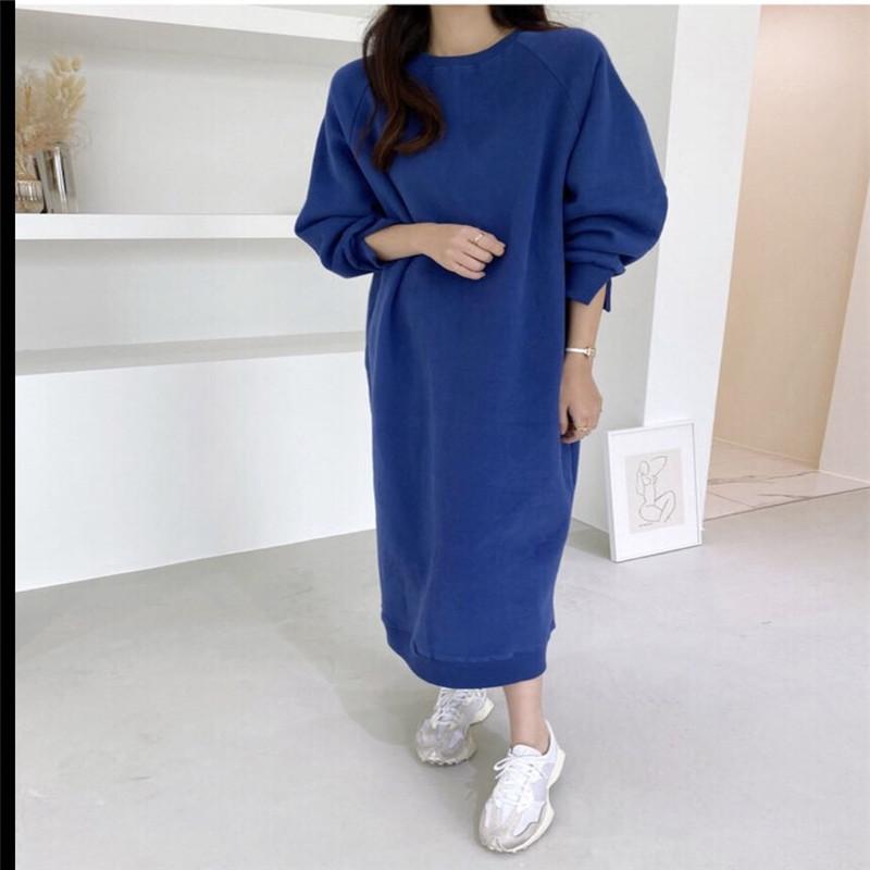 

Young Chic Korean Simple Solid Long Dress for Ladies Elegant Fashion Loose Pencil Dress Casual Fashion 2020 Sweatershirt, Blue