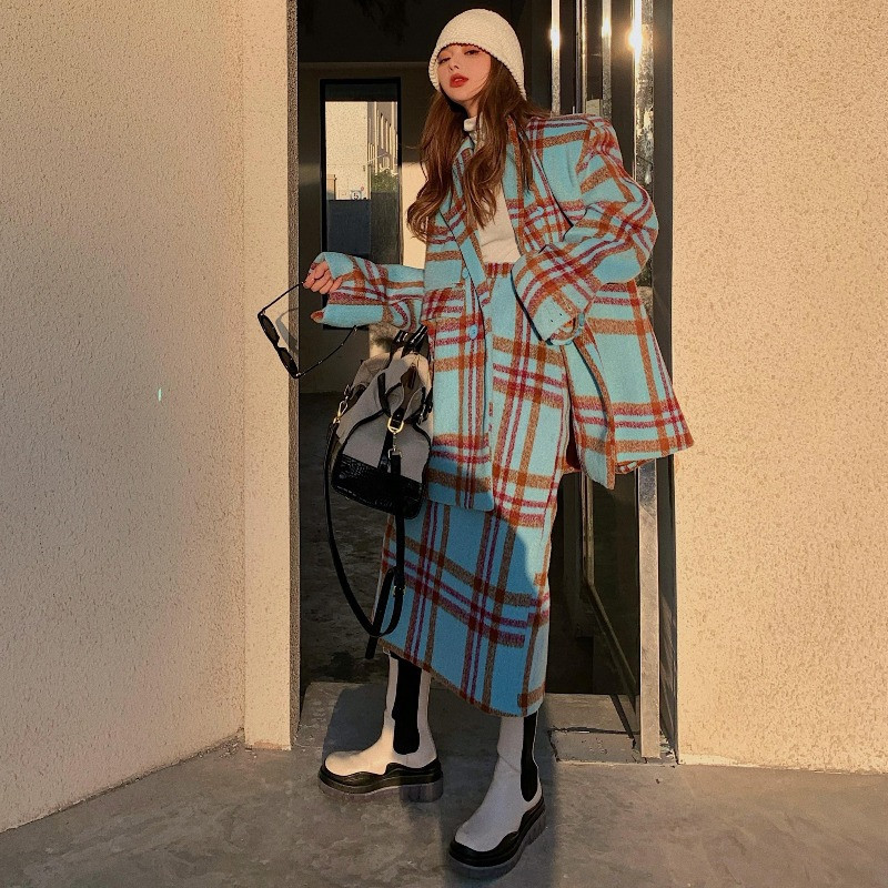 

2021 Women Winter 2 Piece Suit New Korean Plaid Wool Jacket 8DN8, Skirt