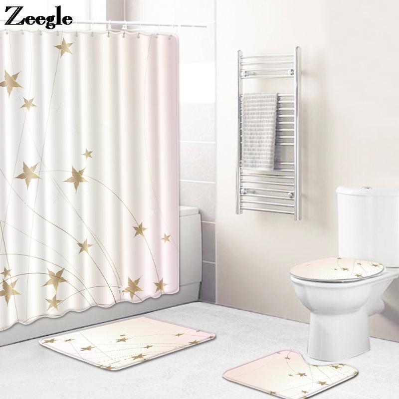 

4pcs Modern Home Decor Bath Mat and Shower Curtain Set Flannel Absorbing Toilet Mat Washable Bathroom Shower Room Carpet Rug1