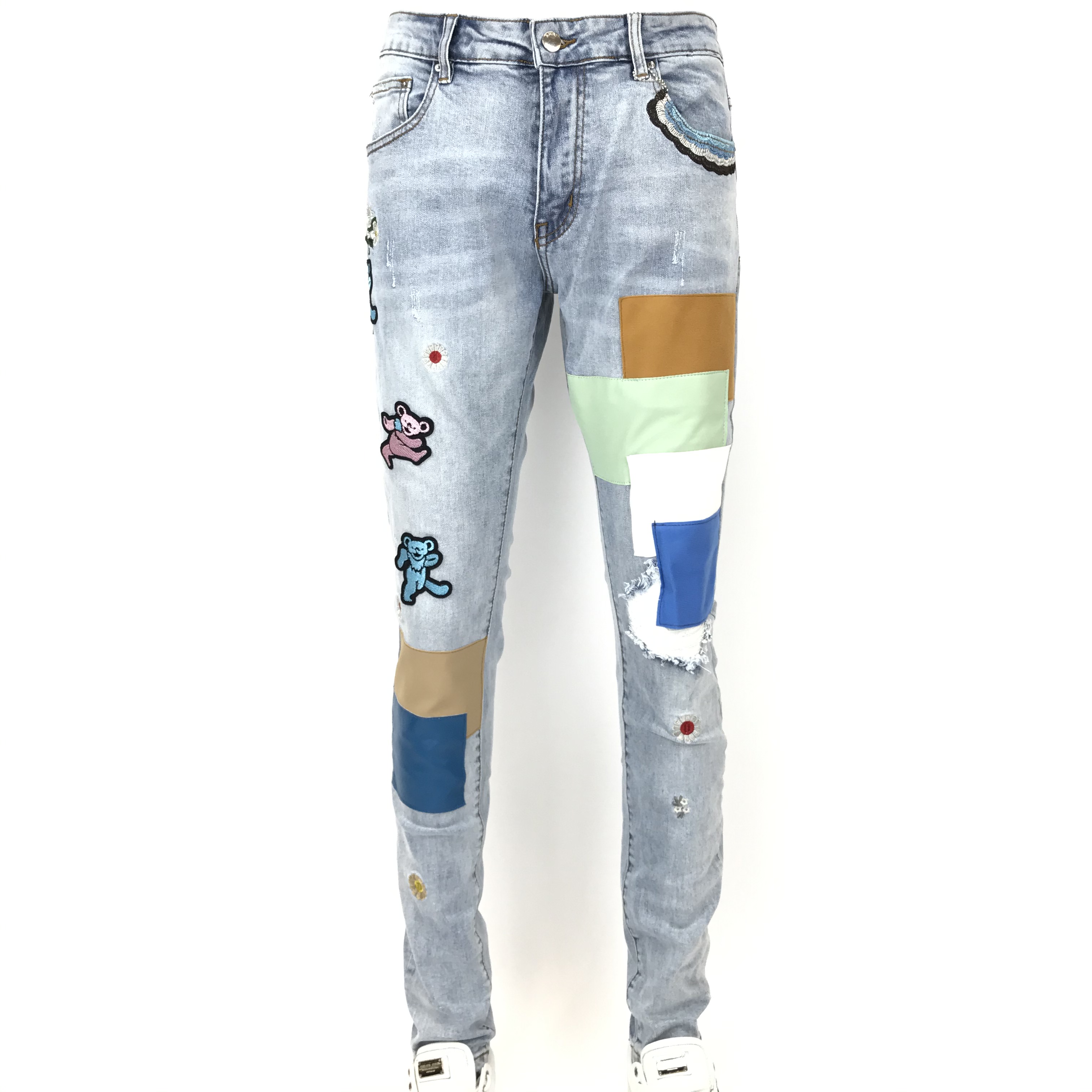 

Hot sale new style men's and women's jeans slim locomotive denim fashion trendy hip-hop men's jeans AM02, Photo color