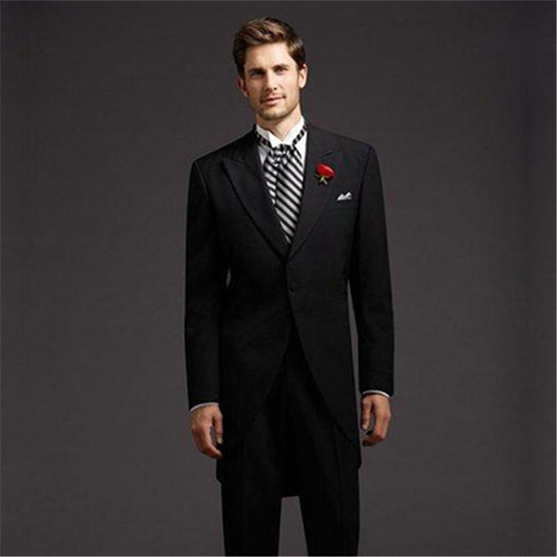 

New Bespoke One Button Tailcoat Black Men Suits 2 Pieces(Jacket+Pants+Tie) Long Coat Gentleman Wedding Blazer Terno 146, As picture