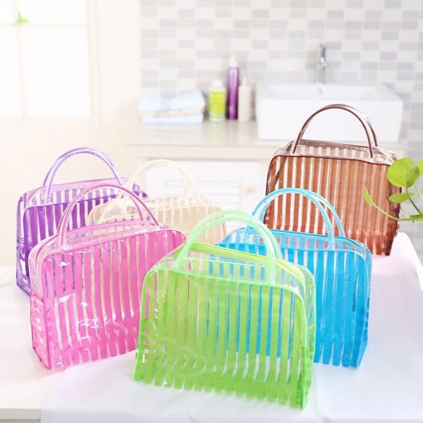 

Transparent Stripe Cosmetic Makeup Waterproof Travel Wash Storage Bag Bath Bags, Beige