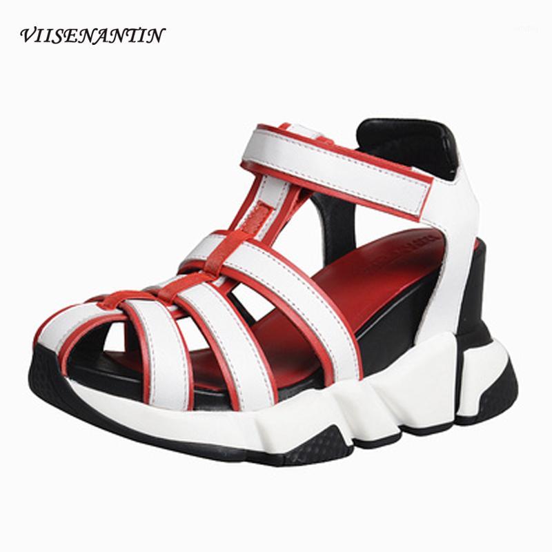 

2020 new casual sports shoes cowhide color matching wedge heel platform inner heightening hollow cut out sandals1, Blue