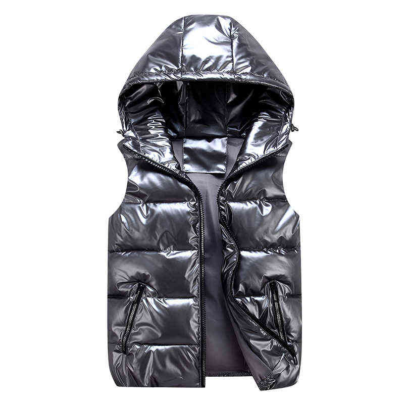 

Men's Sleeveless Jacket Fashion Shiny Vest Winter Warm Hood Pockets Cotton Padded Husband Red Black Autumn Down Waistcoat Male 211222, Silver
